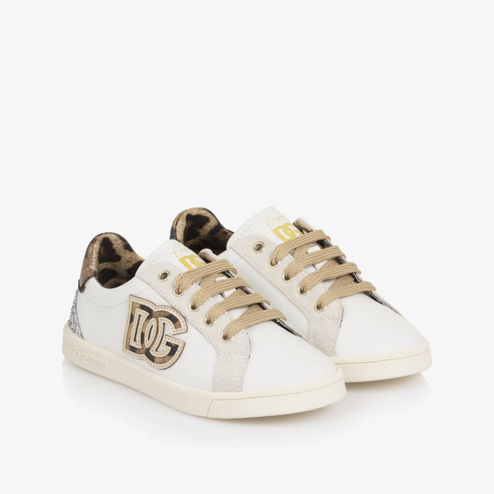 Dolce & Gabbana-Girls White Leather Trainers with Leopard DG Logo | Childrensalon