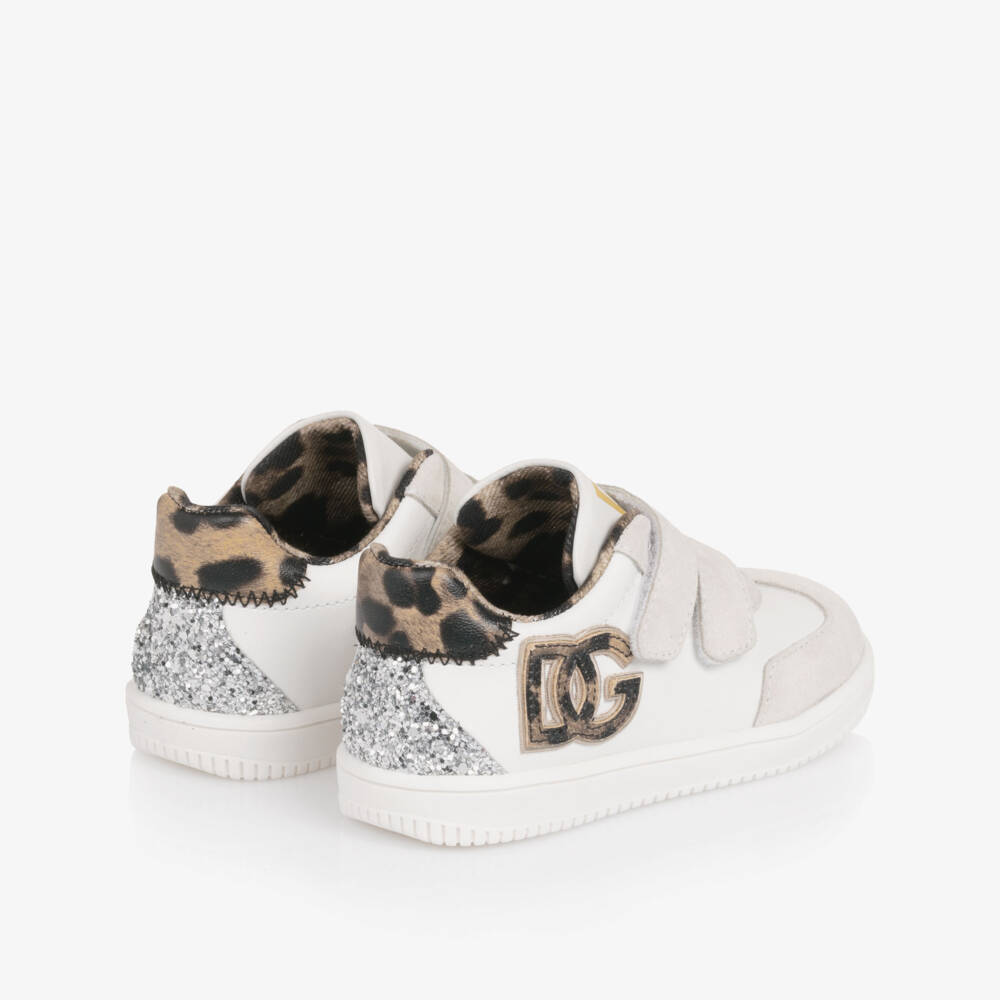 Dolce & Gabbana-Girls White Leather Trainers with Leopard Print Trims | Childrensalon