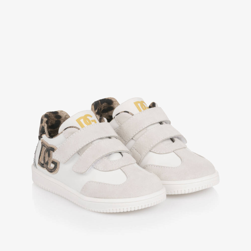 Dolce & Gabbana-Girls White Leather Trainers with Leopard Print Trims | Childrensalon