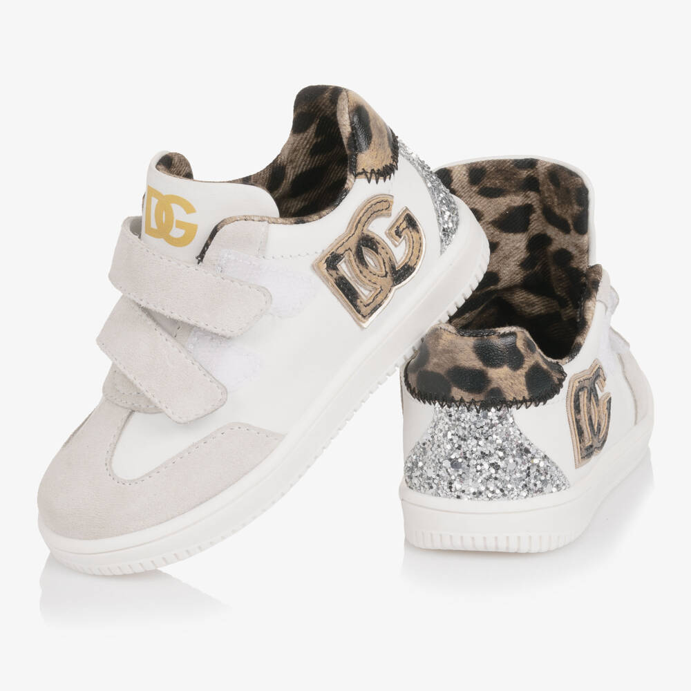 Dolce & Gabbana-Girls White Leather Trainers with Leopard Print Trims | Childrensalon