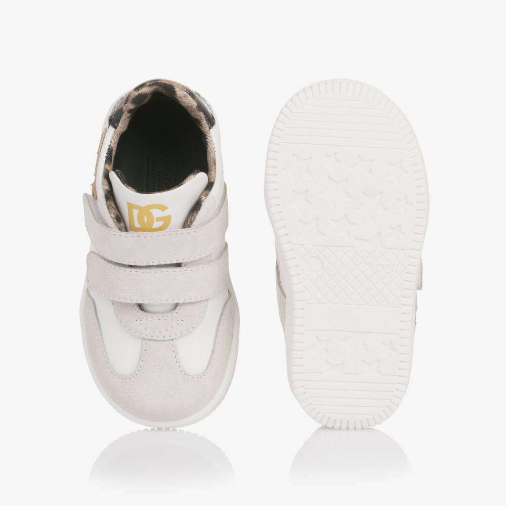 Dolce & Gabbana-Girls White Leather Trainers with Leopard Print Trims | Childrensalon