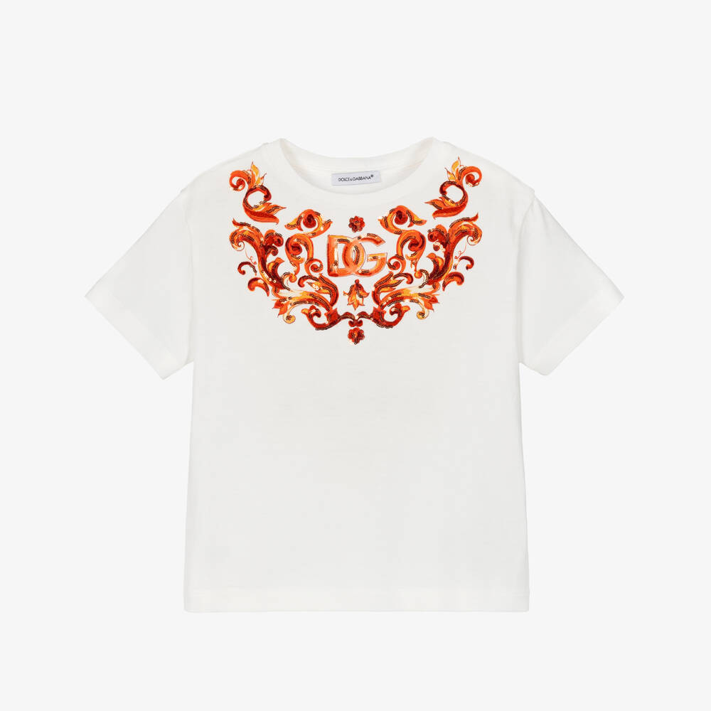 Dolce & Gabbana-Girls White Majolica Print T-Shirt with Sequin Embroidery | Childrensalon