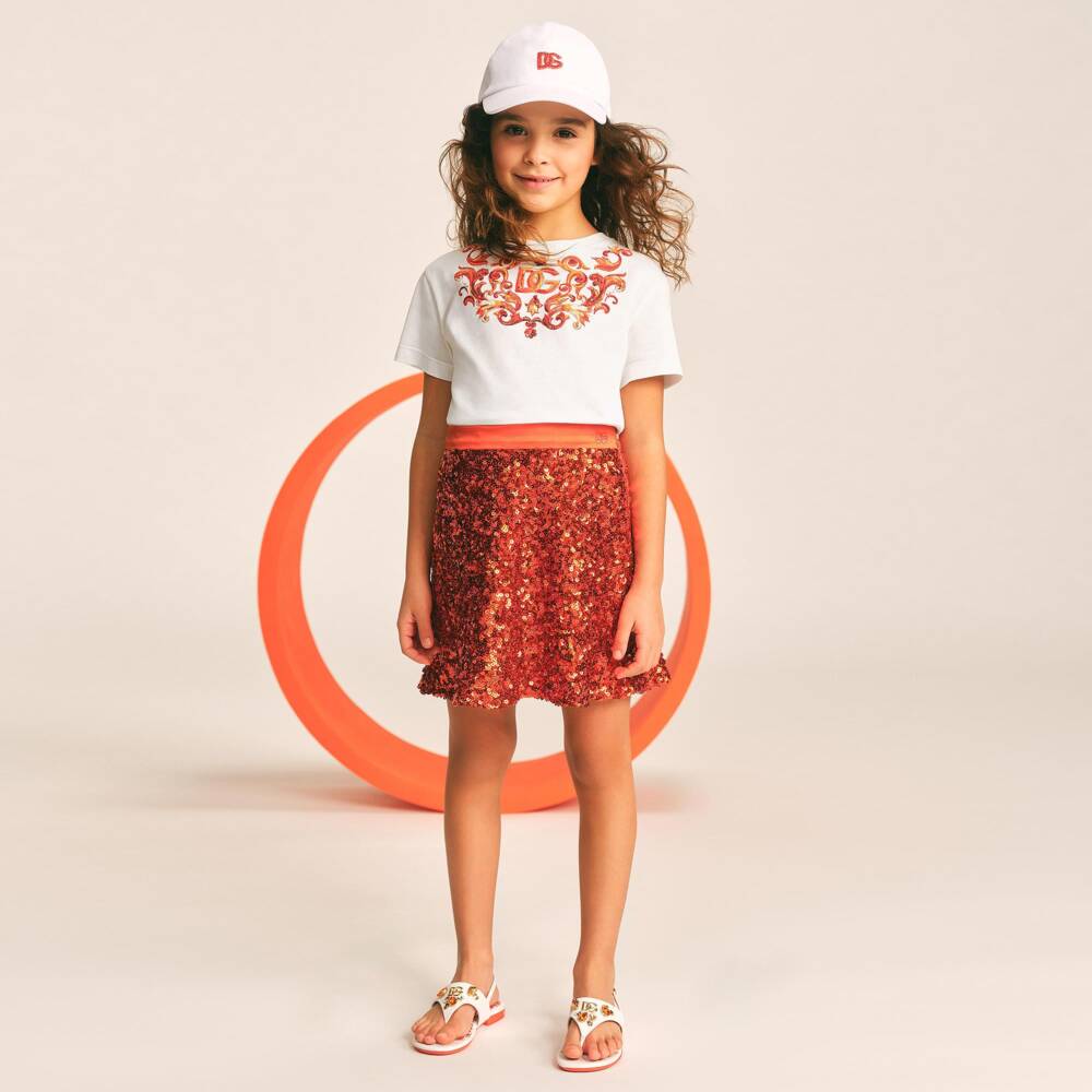 Dolce & Gabbana-Girls White Majolica Print T-Shirt with Sequin Embroidery | Childrensalon