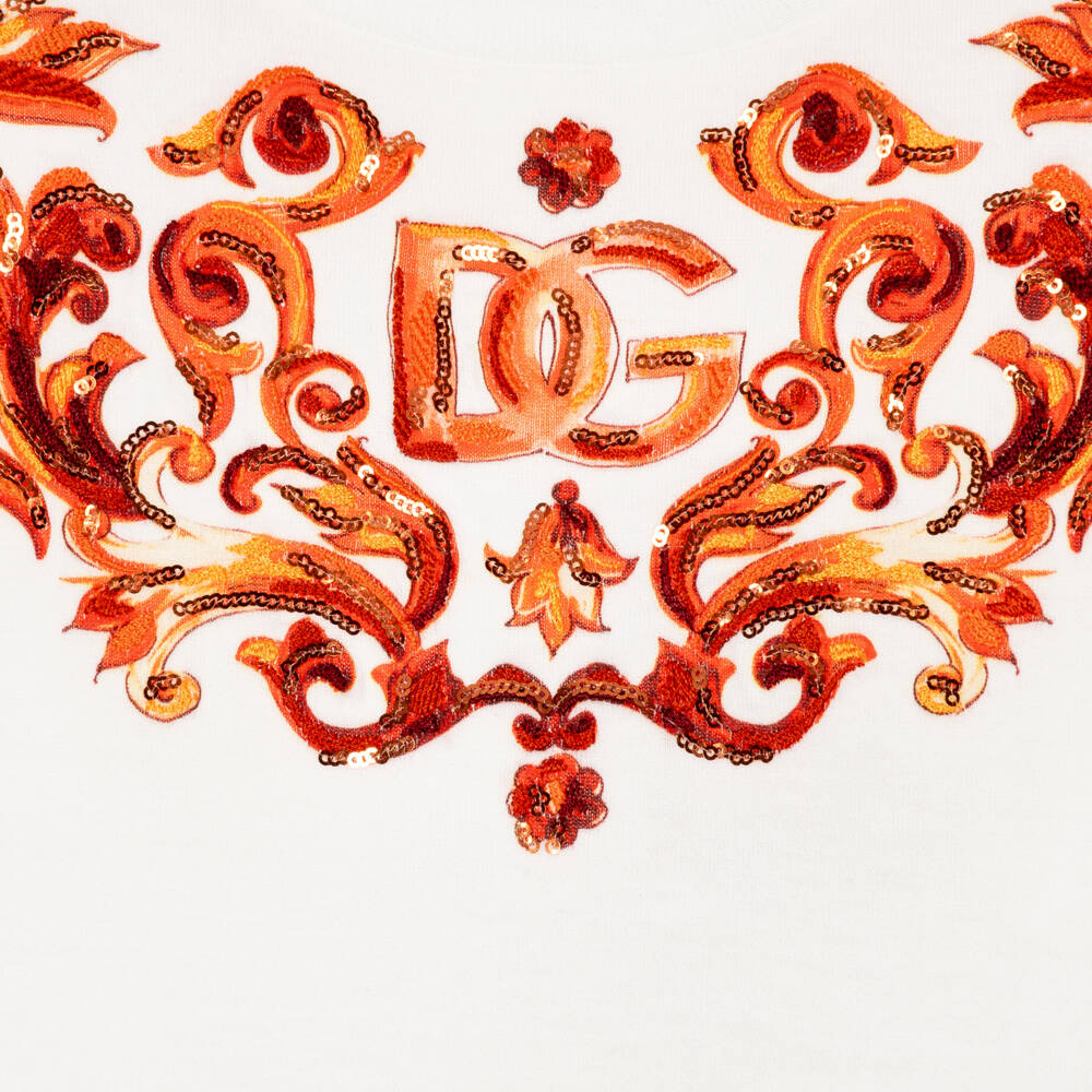 Dolce & Gabbana-Girls White Majolica Print T-Shirt with Sequin Embroidery | Childrensalon