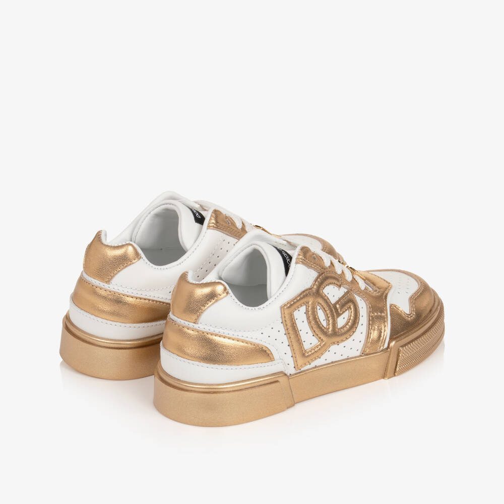 Dolce & Gabbana-Girls White & Metallic Gold New Roma Trainers | Childrensalon