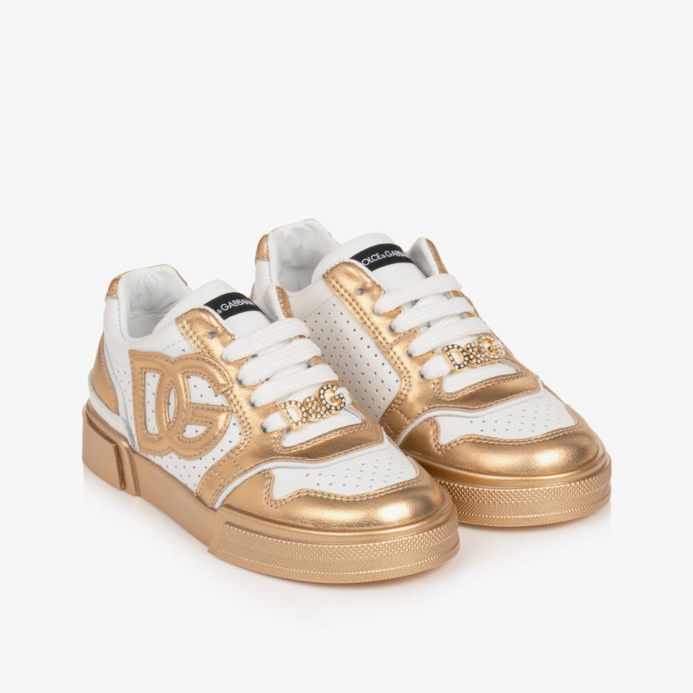 Dolce & Gabbana-Girls White & Metallic Gold New Roma Trainers | Childrensalon