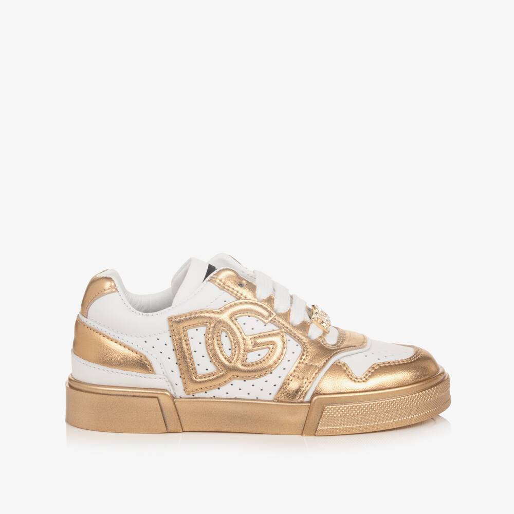Dolce & Gabbana-Girls White & Metallic Gold New Roma Trainers | Childrensalon