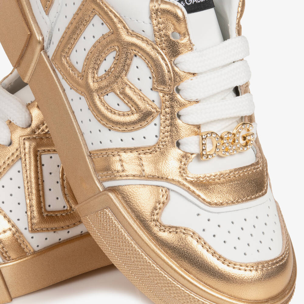 Dolce & Gabbana-Girls White & Metallic Gold New Roma Trainers | Childrensalon