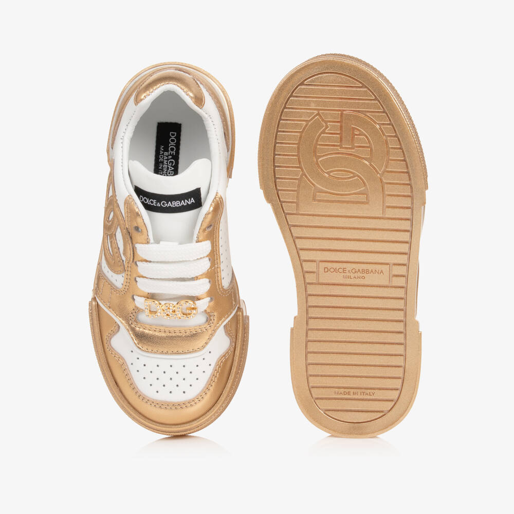 Dolce & Gabbana-Girls White & Metallic Gold New Roma Trainers | Childrensalon