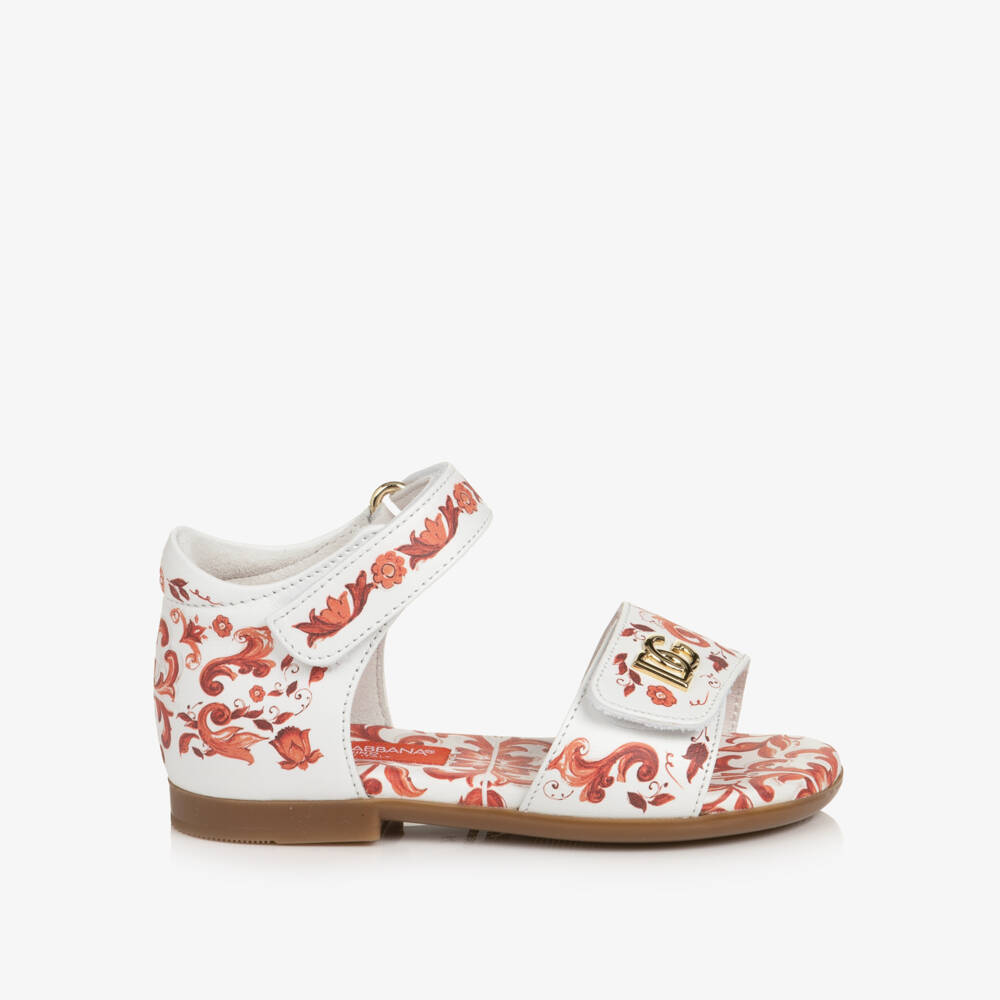 Dolce & Gabbana-Girls White & Orange Majolica Print Leather Sandals | Childrensalon
