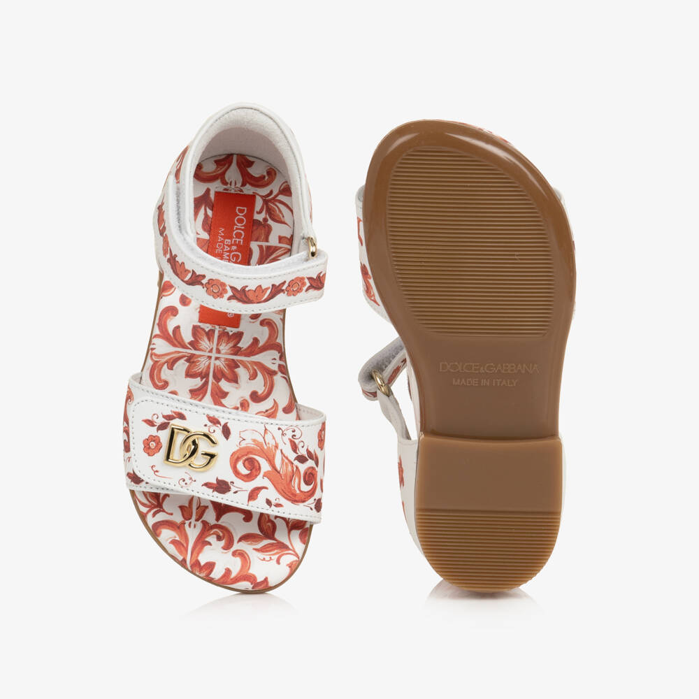 Dolce & Gabbana-Girls White & Orange Majolica Print Leather Sandals | Childrensalon