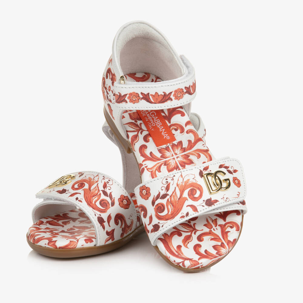 Dolce & Gabbana-Girls White & Orange Majolica Print Leather Sandals | Childrensalon