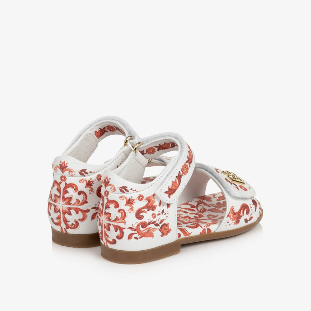 Dolce & Gabbana-Girls White & Orange Majolica Print Leather Sandals | Childrensalon