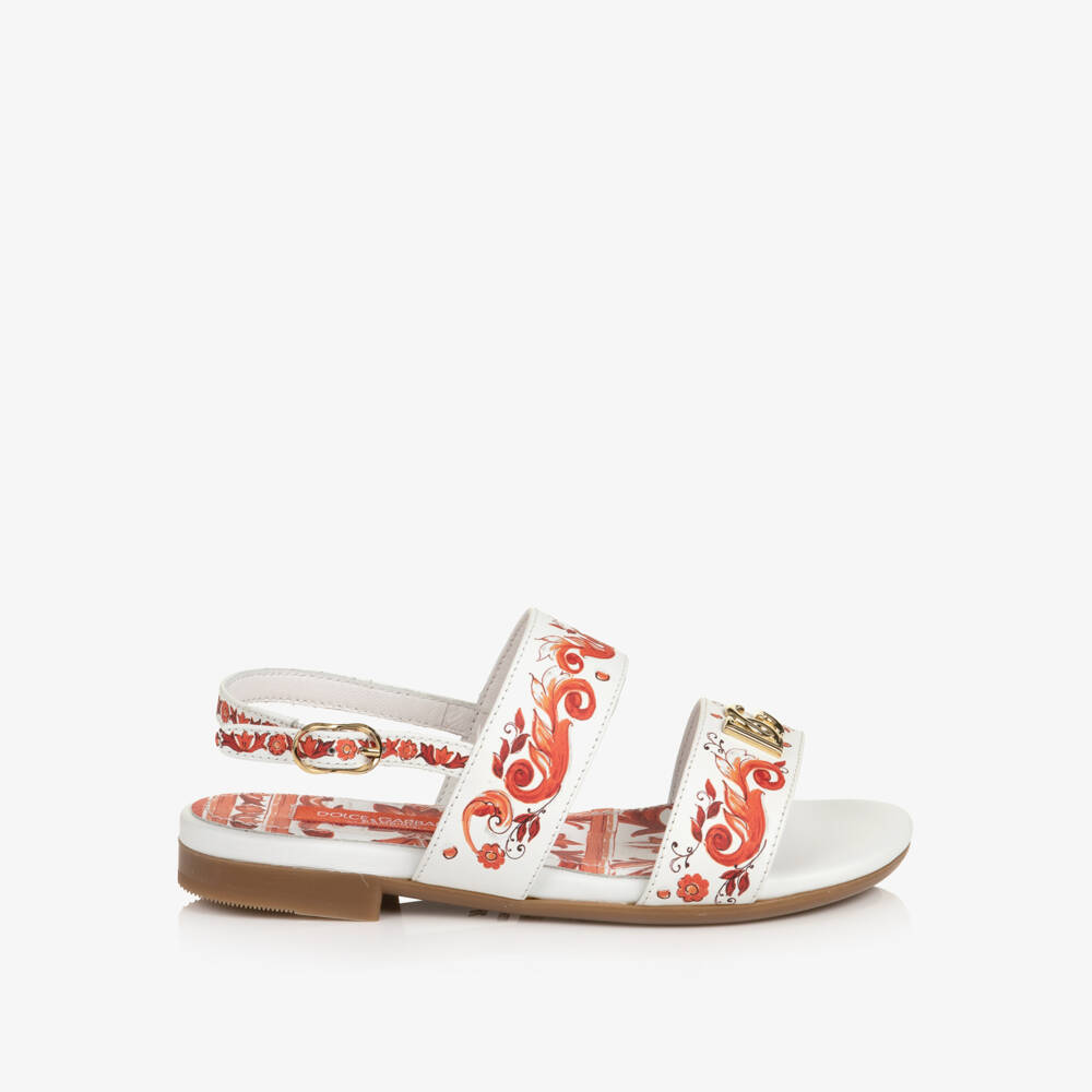 Dolce & Gabbana-Girls White & Orange Majolica Print Leather Sandals | Childrensalon