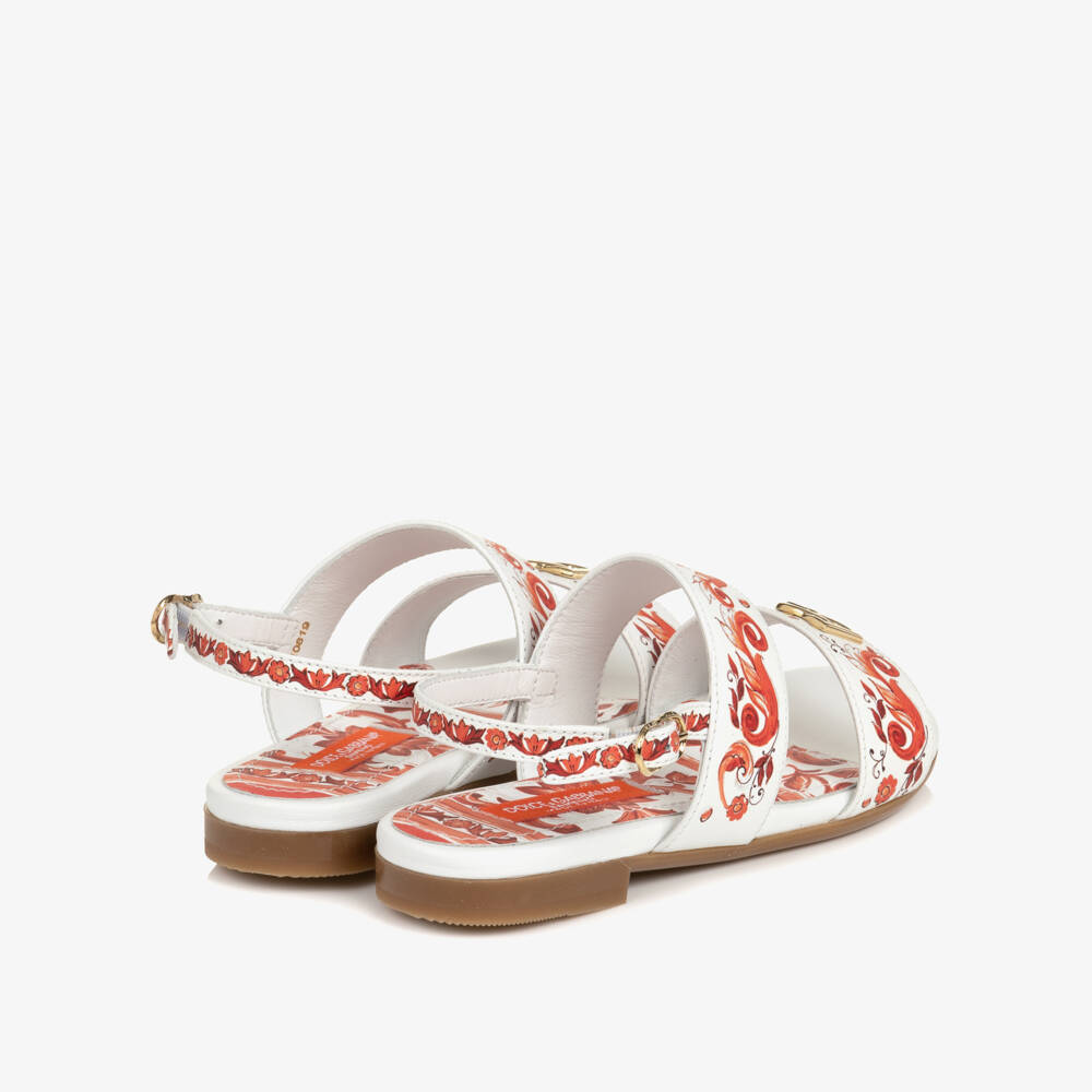 Dolce & Gabbana-Girls White & Orange Majolica Print Leather Sandals | Childrensalon