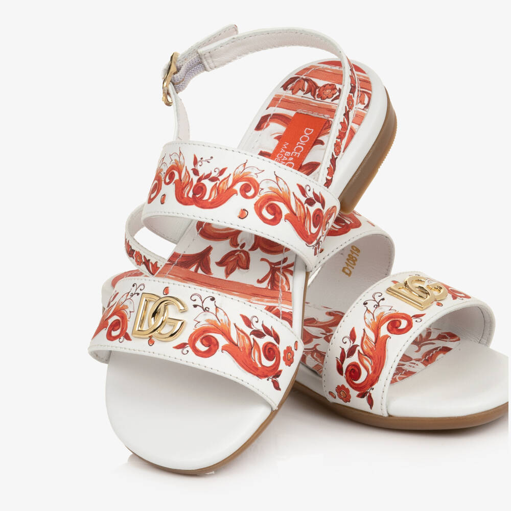 Dolce & Gabbana-Girls White & Orange Majolica Print Leather Sandals | Childrensalon