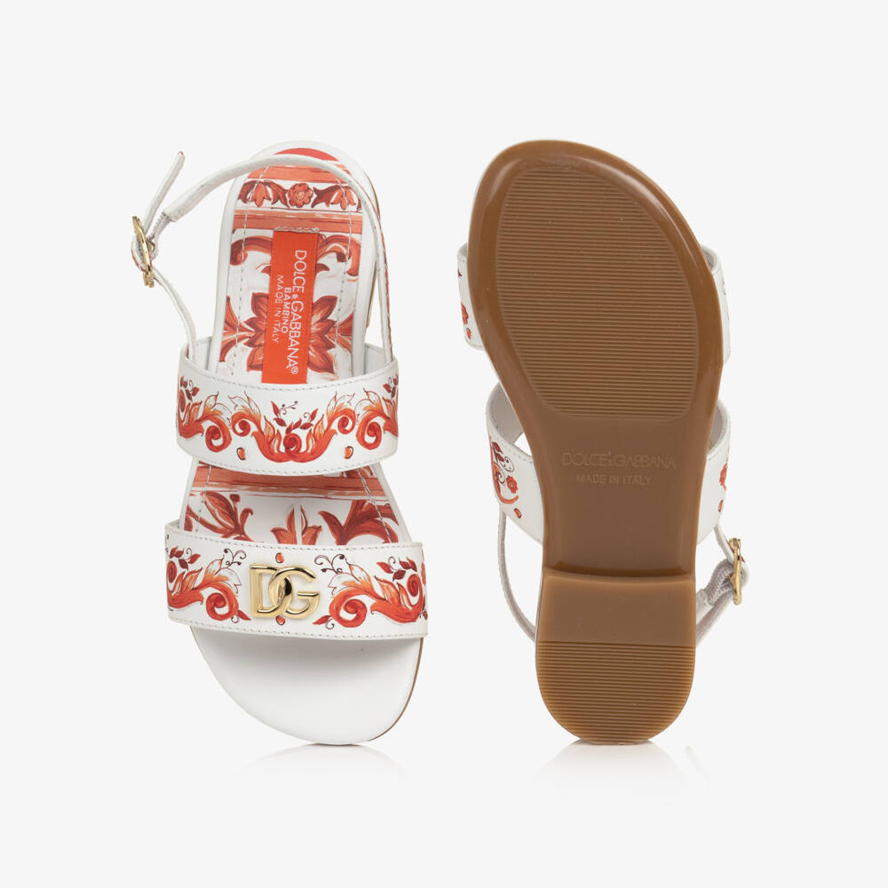Dolce & Gabbana-Girls White & Orange Majolica Print Leather Sandals | Childrensalon