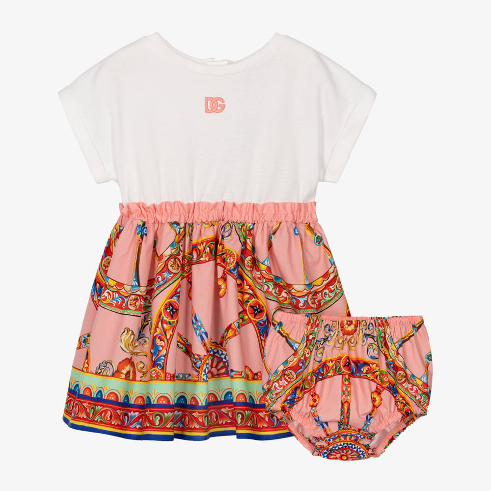 Dolce & Gabbana-Girls White & Pink Carretto Print Dress | Childrensalon