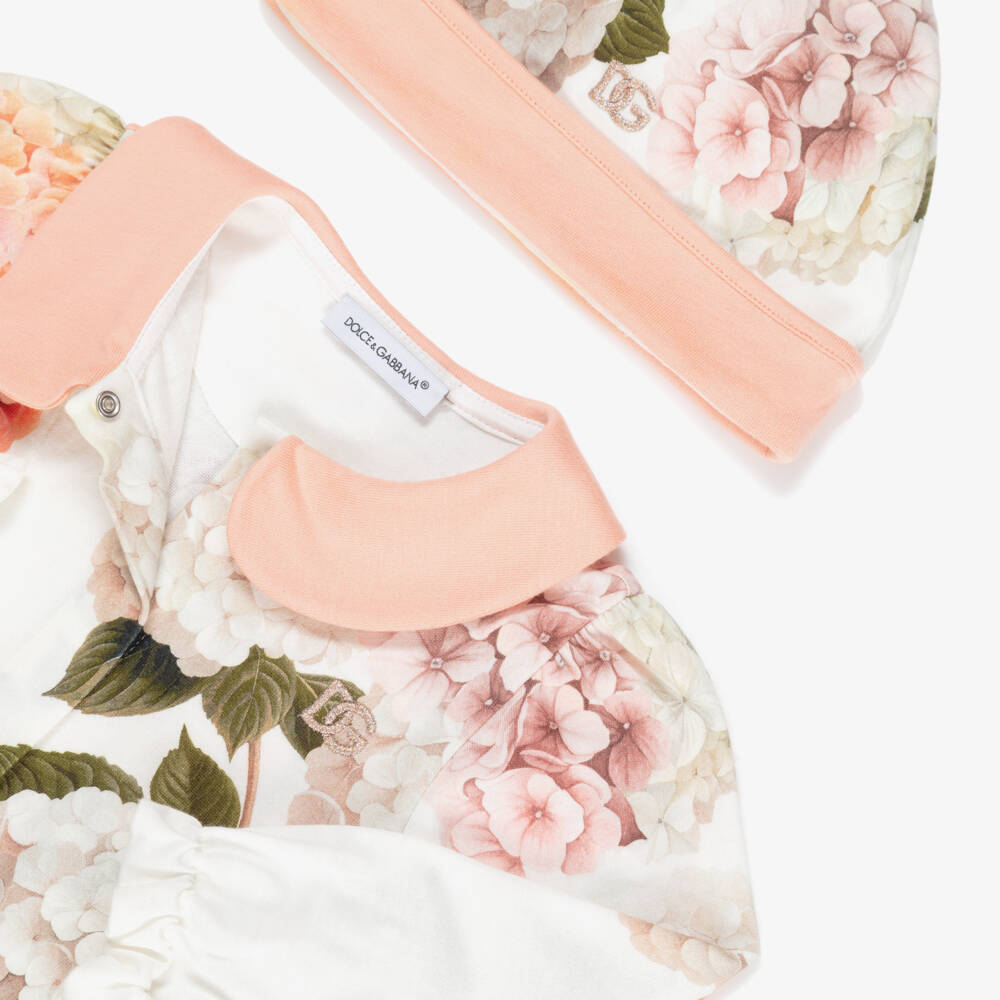 Dolce & Gabbana-Girls White & Pink Cotton Hydrangea Print Babysuit Set | Childrensalon