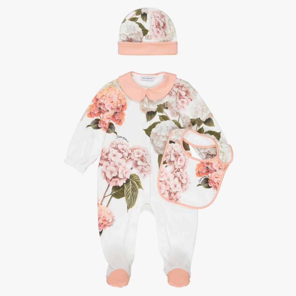 Dolce & Gabbana-Girls White & Pink Cotton Hydrangea Print Babysuit Set | Childrensalon