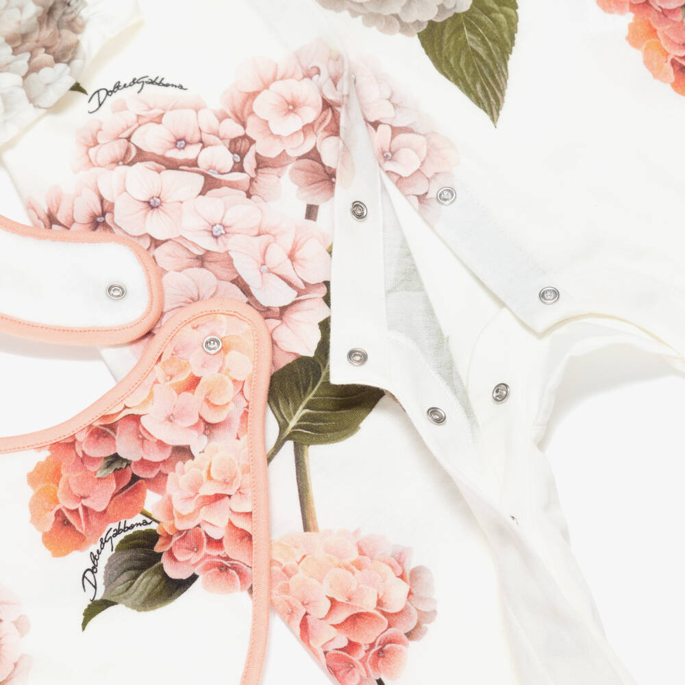 Dolce & Gabbana-Girls White & Pink Cotton Hydrangea Print Babysuit Set | Childrensalon