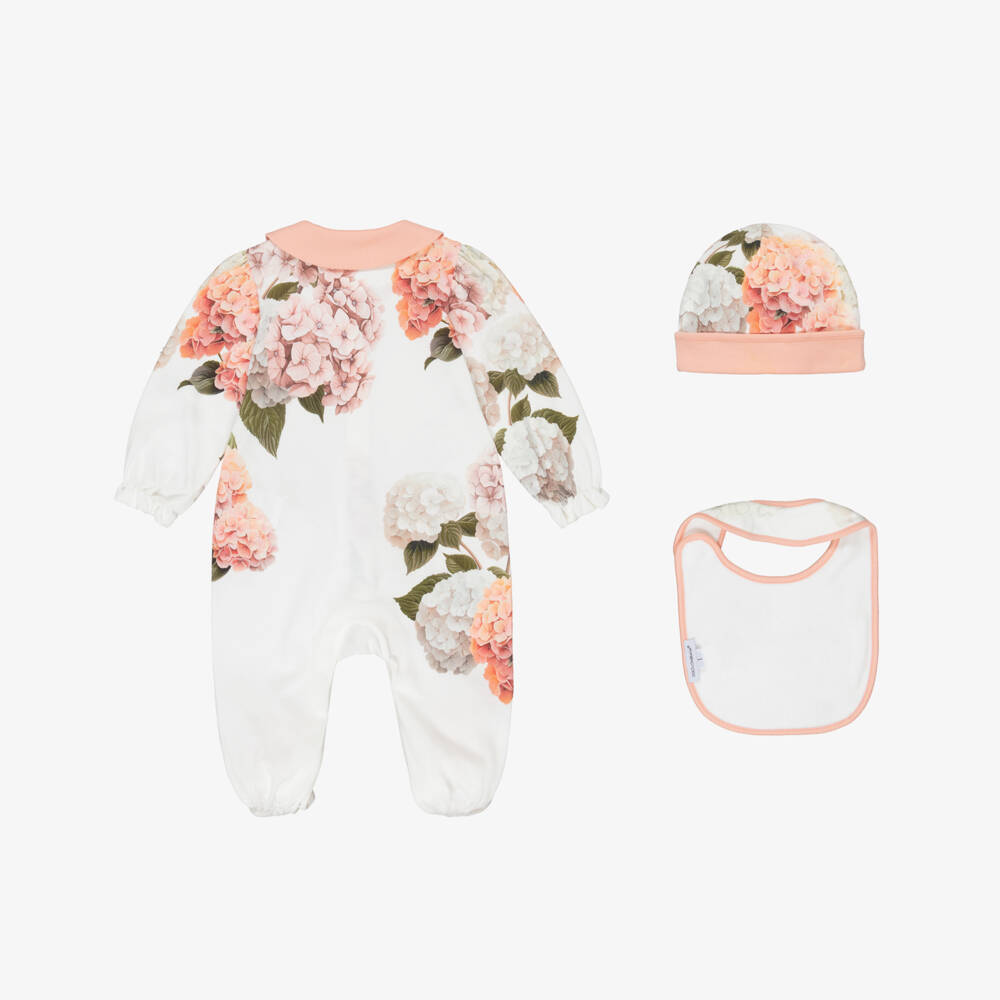 Dolce & Gabbana-Girls White & Pink Cotton Hydrangea Print Babysuit Set | Childrensalon