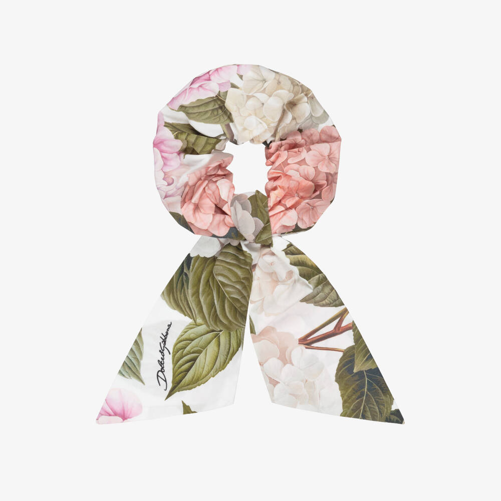 Dolce & Gabbana-Girls White & Pink Floral Cotton Hair Scrunchie (16cm) | Childrensalon