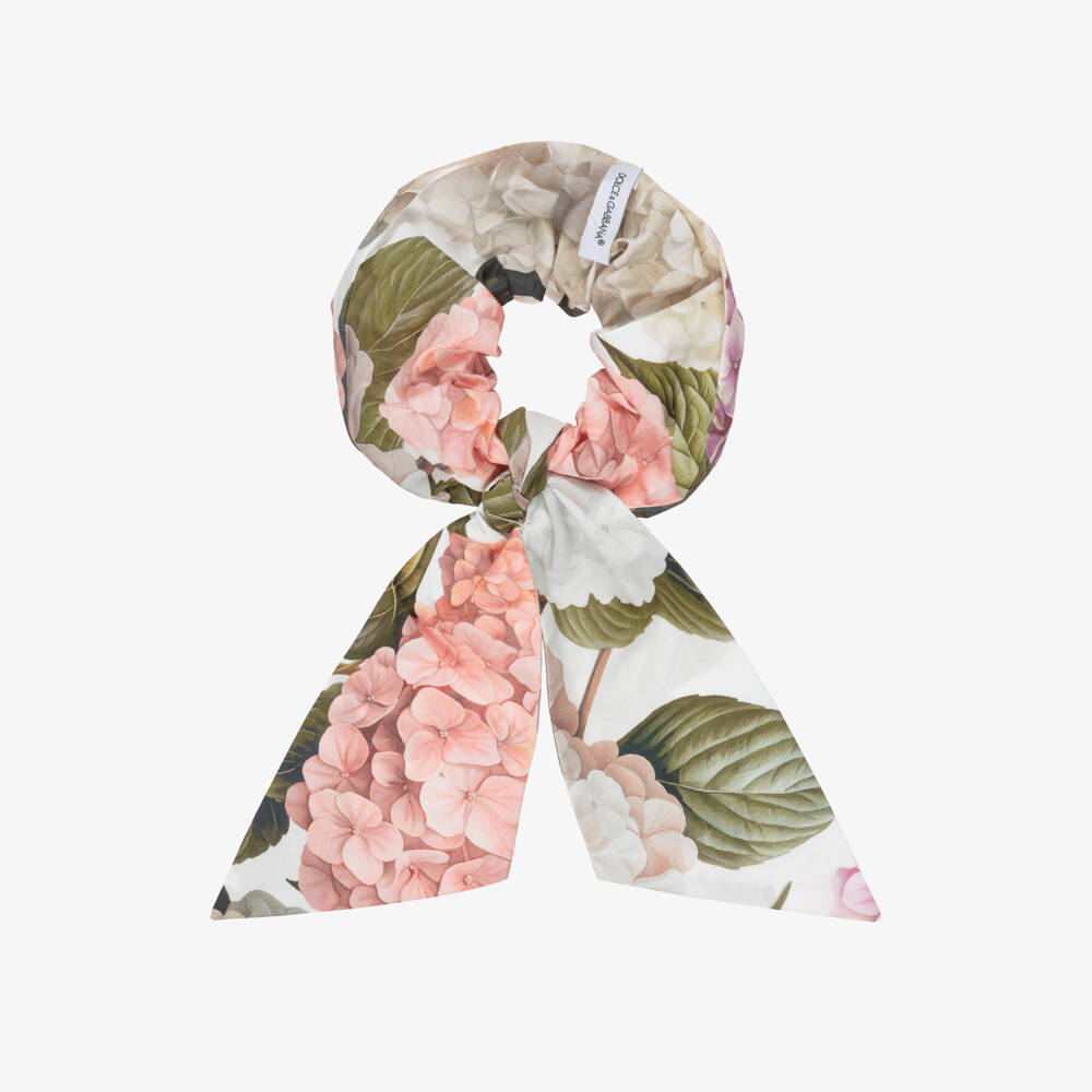 Dolce & Gabbana-Girls White & Pink Floral Cotton Hair Scrunchie (16cm) | Childrensalon