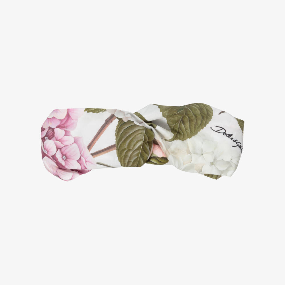 Dolce & Gabbana-Girls White & Pink Floral Cotton Headband | Childrensalon