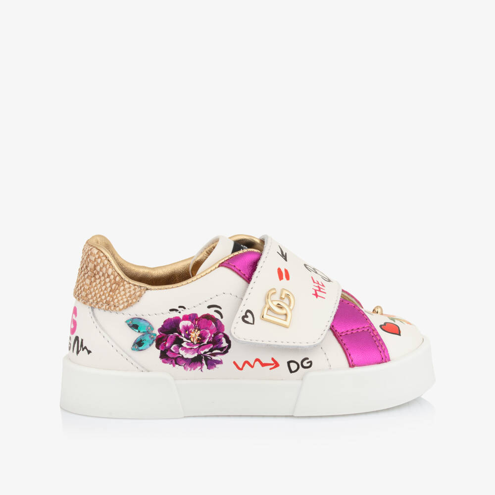 Dolce & Gabbana-Girls White & Pink Floral Leather Trainers | Childrensalon