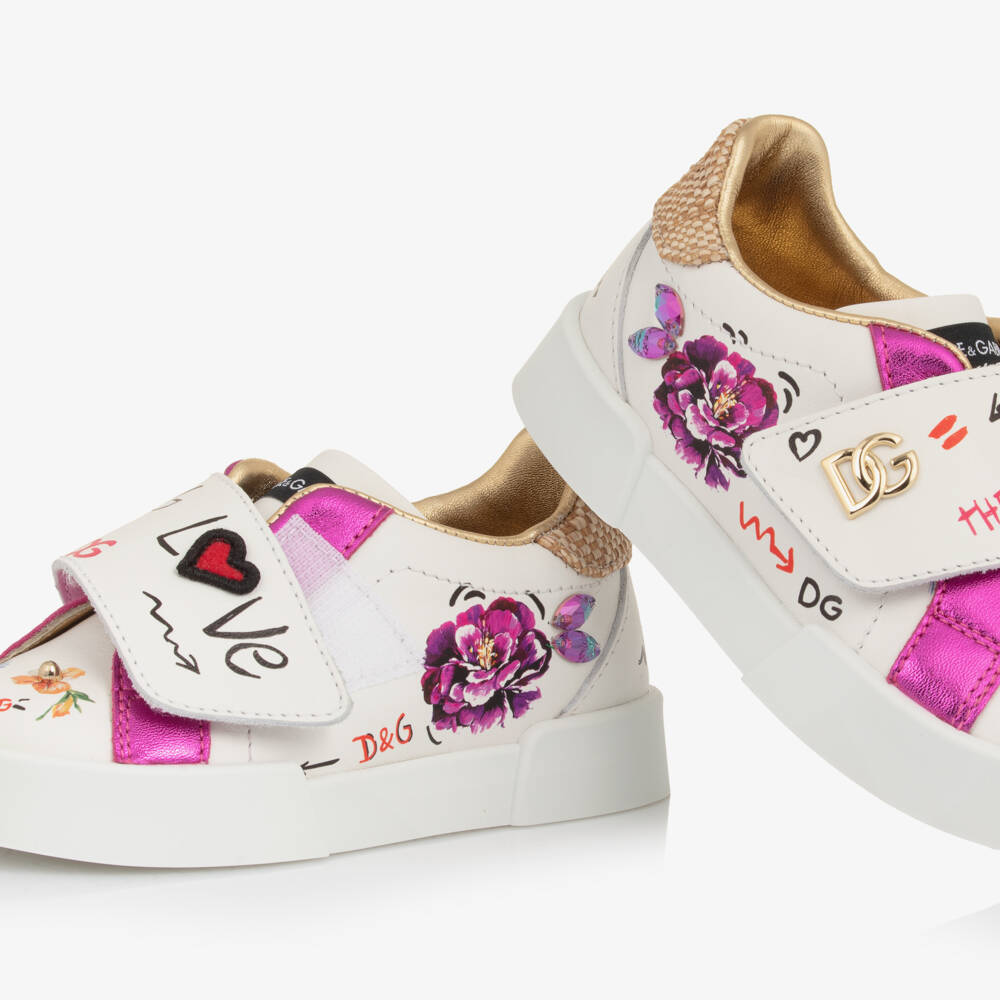 Dolce & Gabbana-Girls White & Pink Floral Leather Trainers | Childrensalon