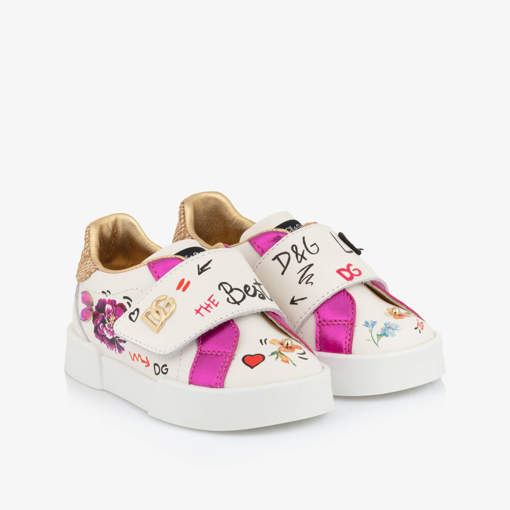 Dolce & Gabbana-Girls White & Pink Floral Leather Trainers | Childrensalon