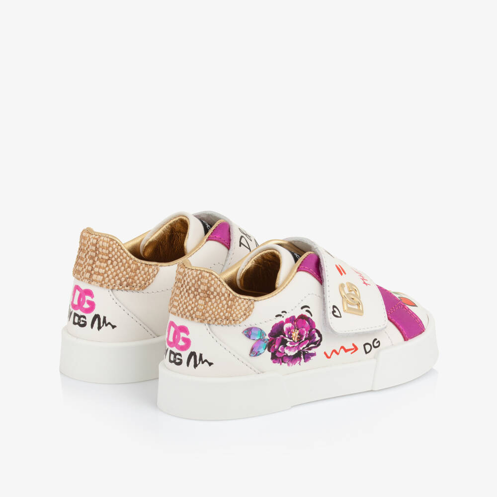 Dolce & Gabbana-Girls White & Pink Floral Leather Trainers | Childrensalon