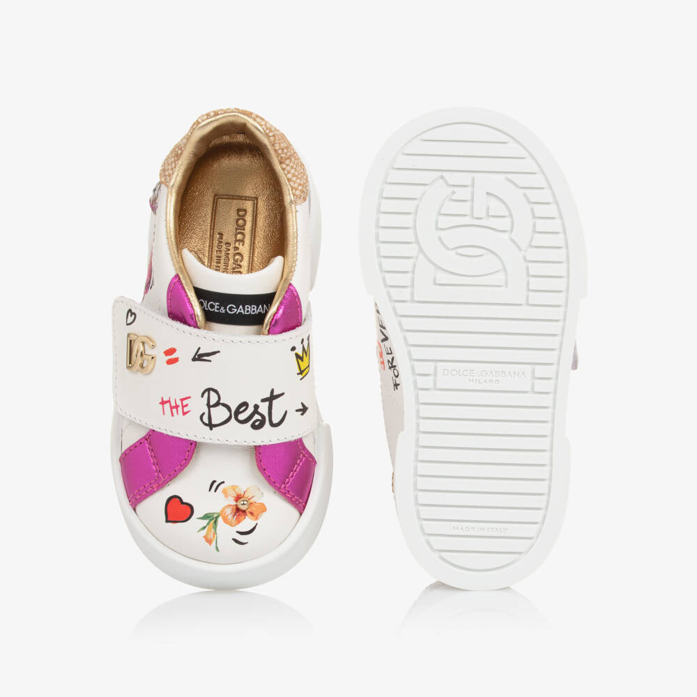 Dolce & Gabbana-Girls White & Pink Floral Leather Trainers | Childrensalon