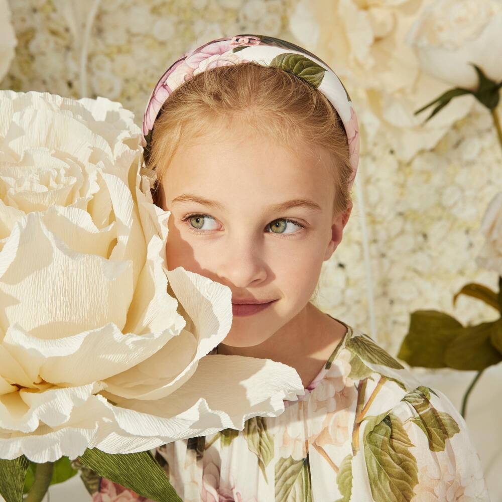 Dolce & Gabbana-Girls White & Pink Hydrangea Print Cotton Hairband | Childrensalon