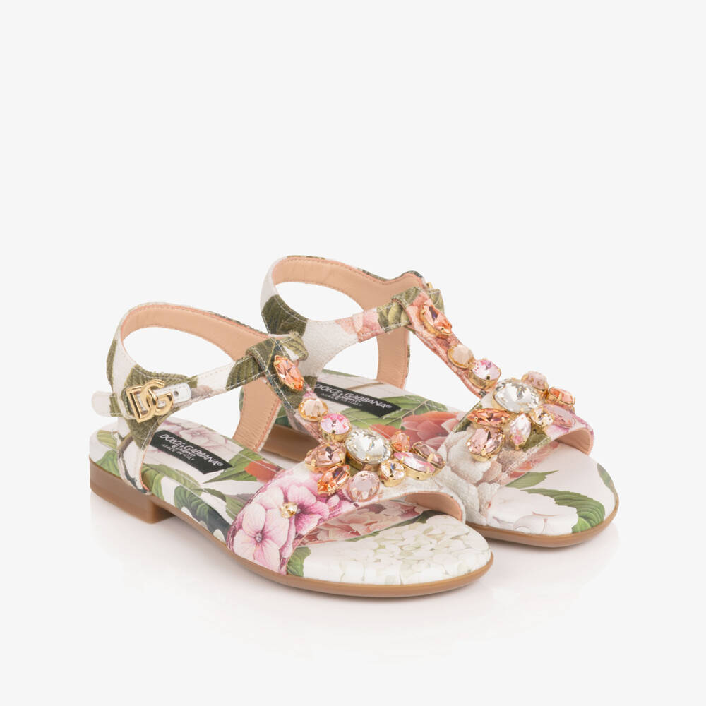 Dolce & Gabbana-Girls White & Pink Hydrangea Print Sandals | Childrensalon
