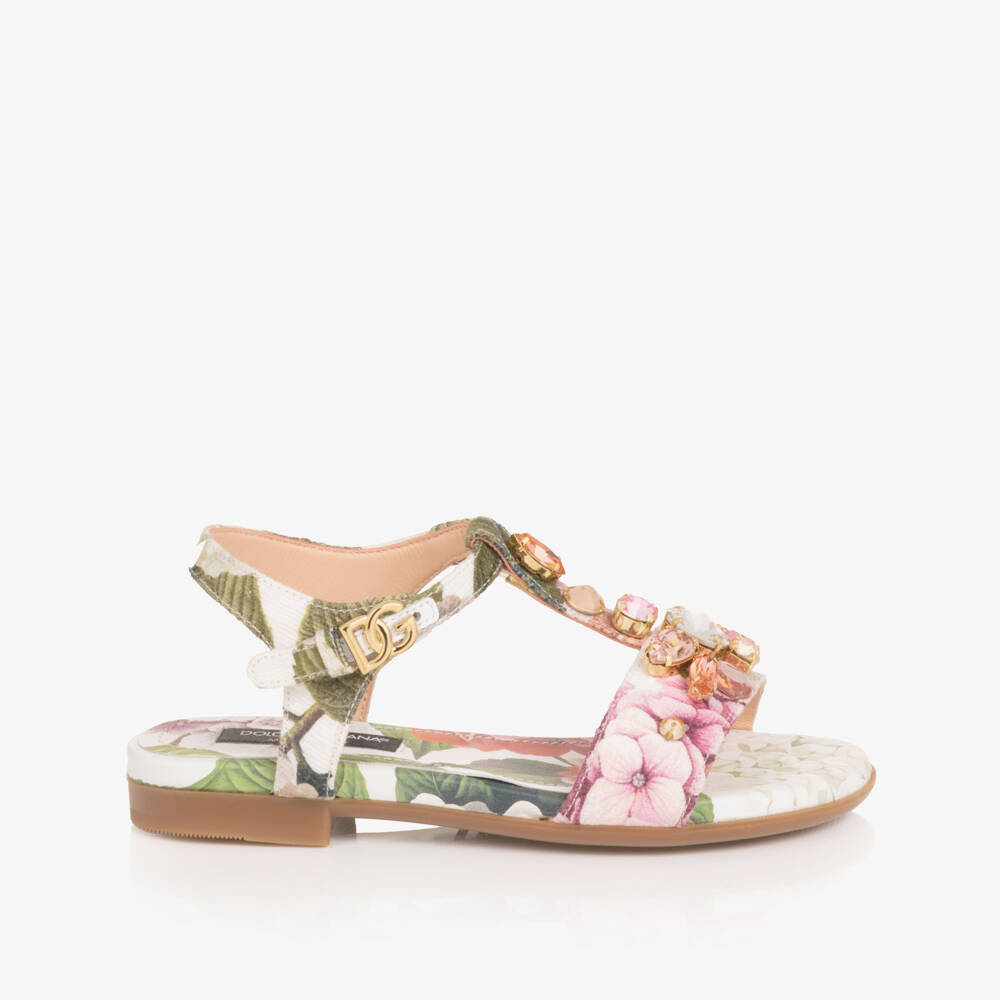 Dolce & Gabbana-Girls White & Pink Hydrangea Print Sandals | Childrensalon