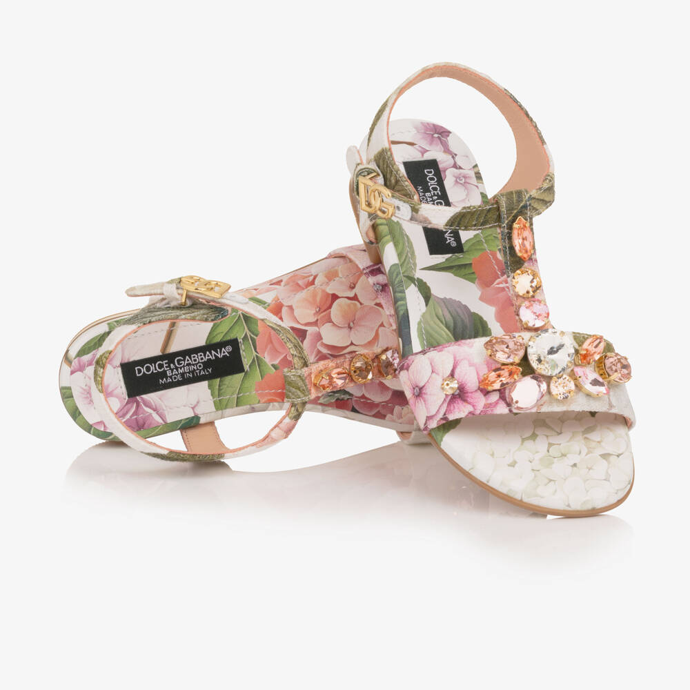 Dolce & Gabbana-Girls White & Pink Hydrangea Print Sandals | Childrensalon