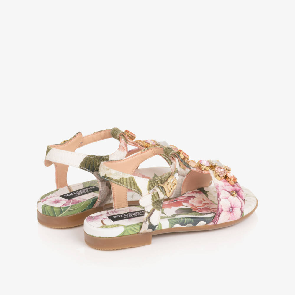 Dolce & Gabbana-Girls White & Pink Hydrangea Print Sandals | Childrensalon