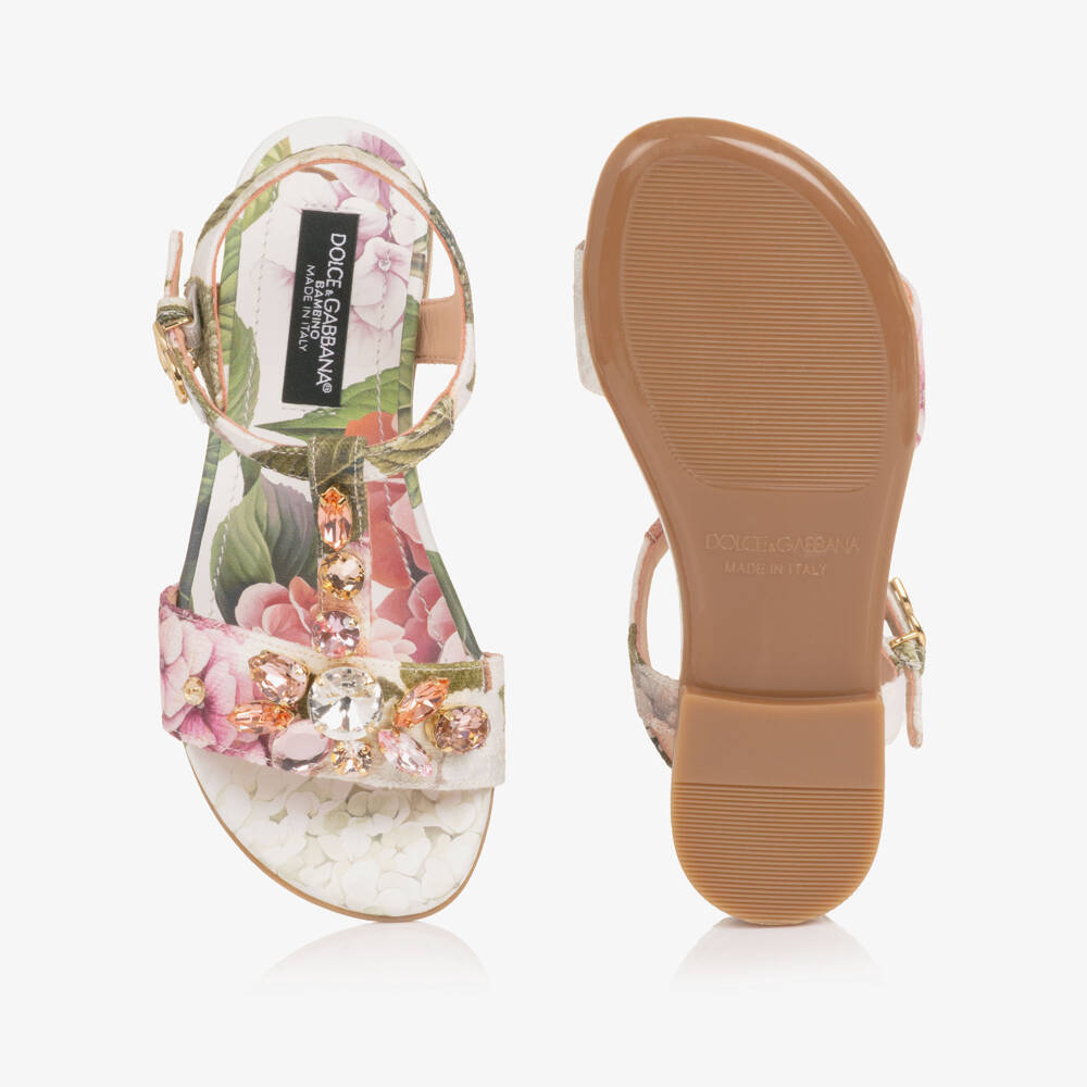 Dolce & Gabbana-Girls White & Pink Hydrangea Print Sandals | Childrensalon