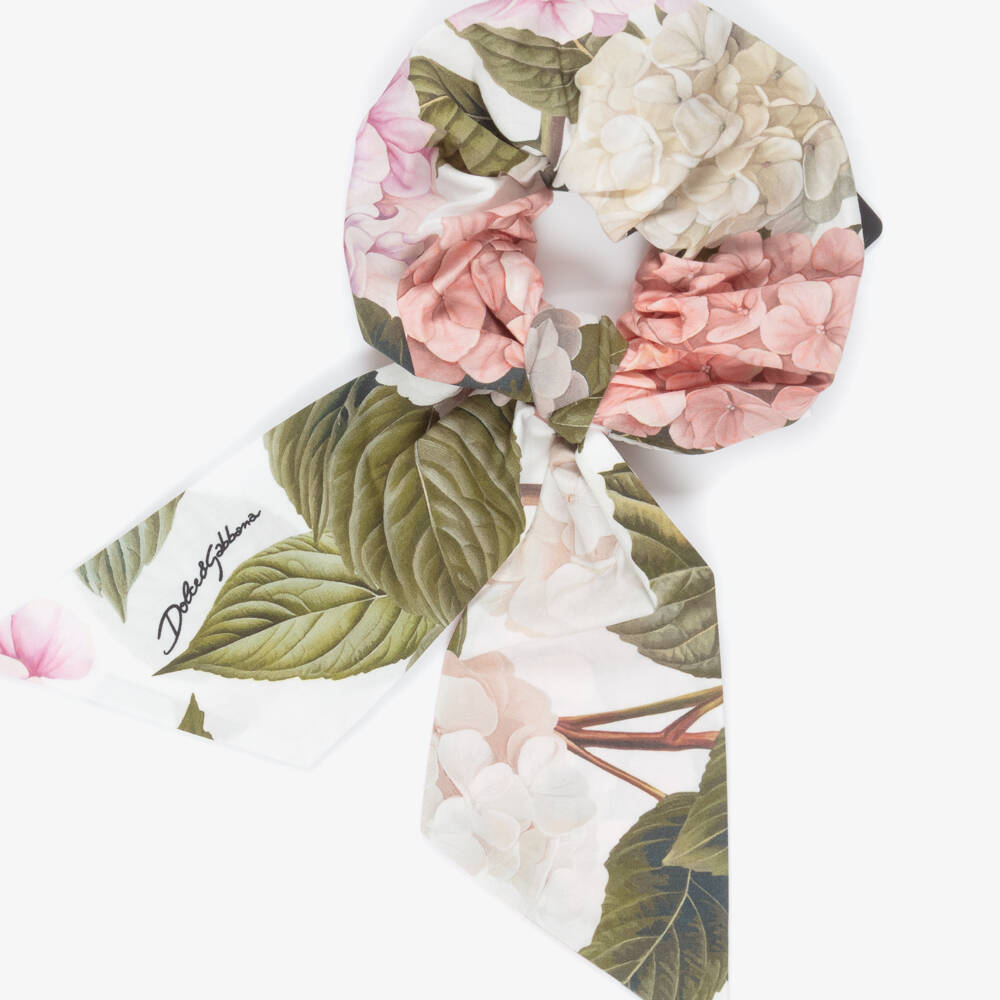 Dolce & Gabbana-Girls White & Pink Hydrangea Print Scrunchie (16cm) | Childrensalon