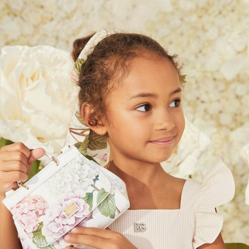 Dolce & Gabbana-Girls White & Pink Hydrangea Print Scrunchie (16cm) | Childrensalon