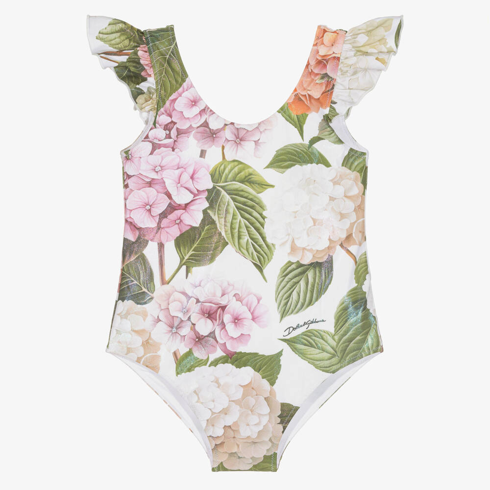 Dolce & Gabbana-Girls White & Pink Hydrangea Print Swimsuit | Childrensalon