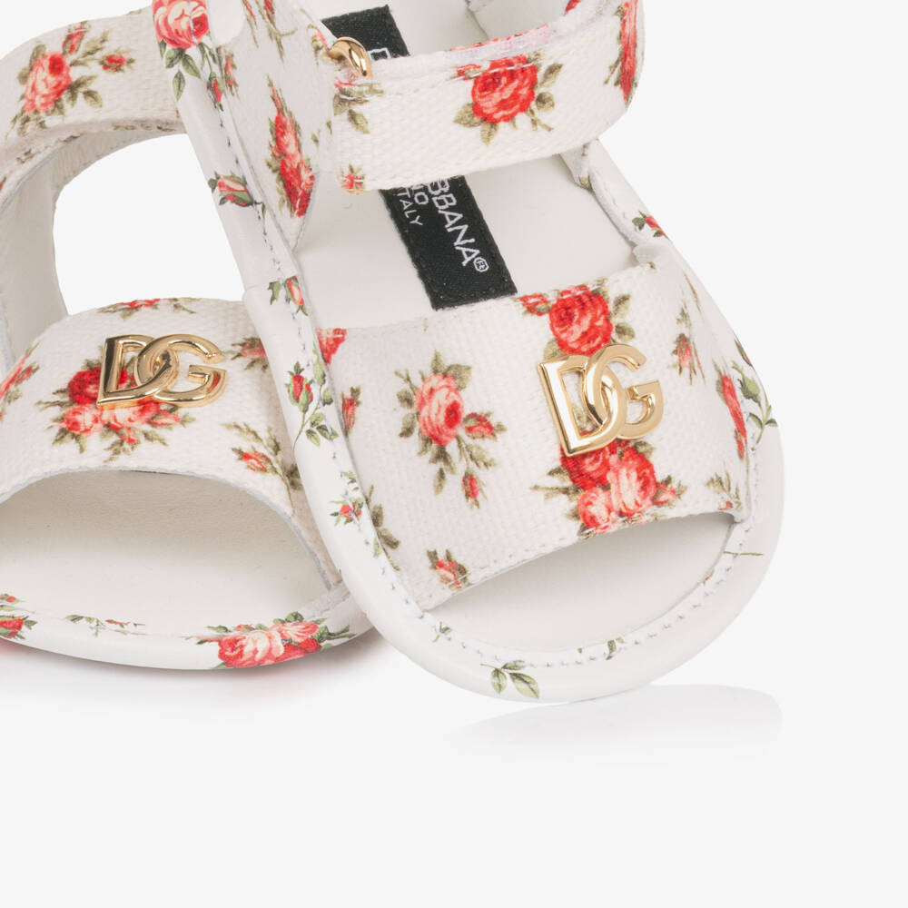 Dolce & Gabbana-Girls White Pre-Walker Sandals with Red Rose Print | Childrensalon