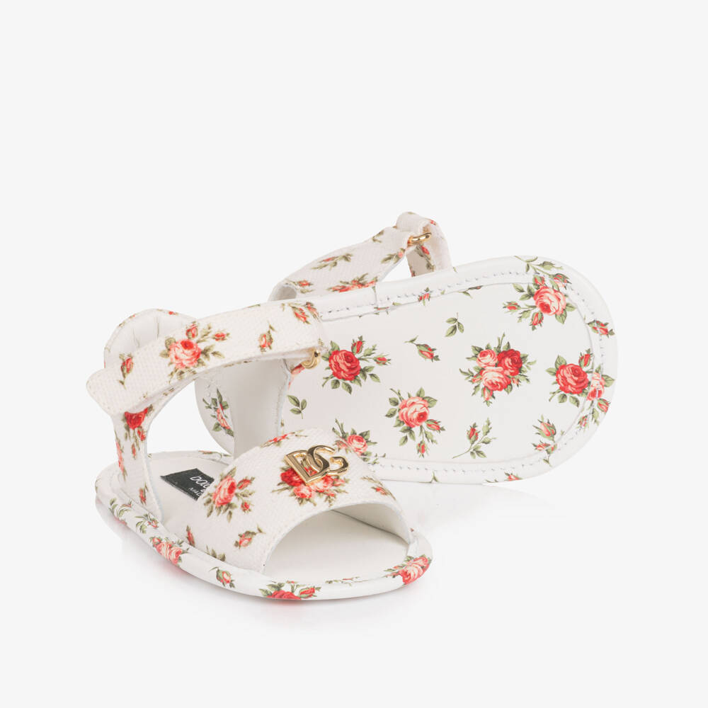 Dolce & Gabbana-Girls White Pre-Walker Sandals with Red Rose Print | Childrensalon