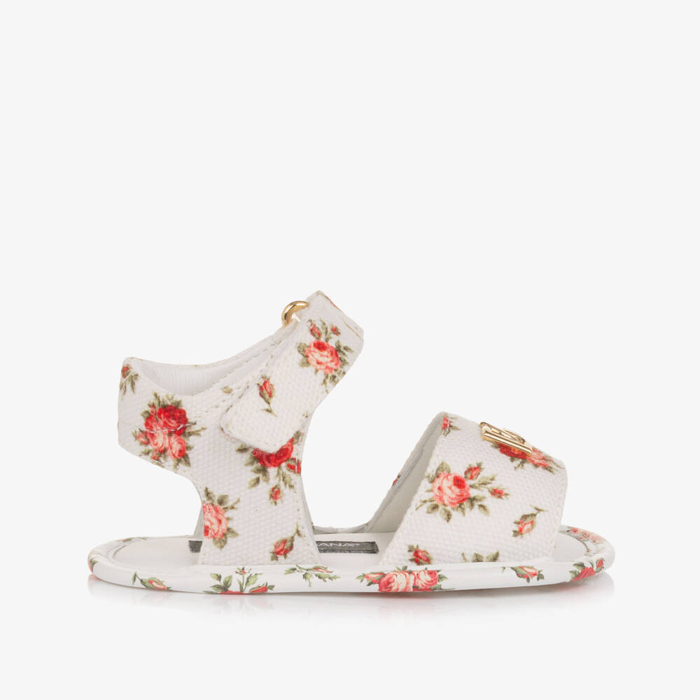 Dolce & Gabbana-Girls White Pre-Walker Sandals with Red Rose Print | Childrensalon