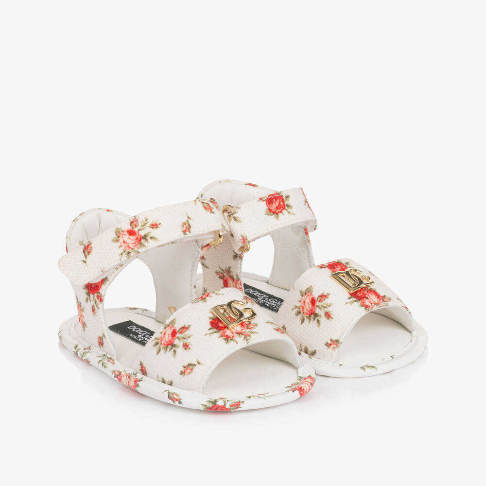 Dolce & Gabbana-Girls White Pre-Walker Sandals with Red Rose Print | Childrensalon