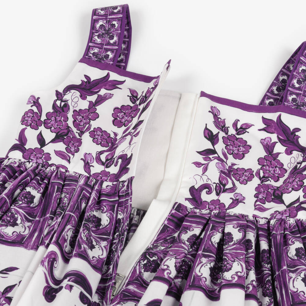 Dolce & Gabbana-Girls White & Purple Cotton Poplin Dress with Majolica Print | Childrensalon