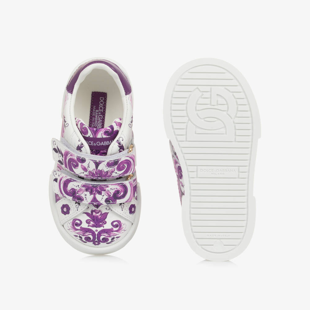 Dolce & Gabbana-Girls White & Purple Majolica Leather Trainers | Childrensalon