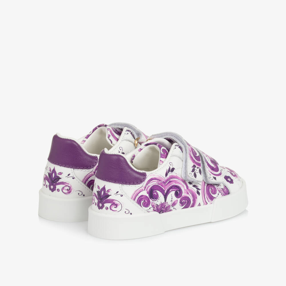 Dolce & Gabbana-Girls White & Purple Majolica Leather Trainers | Childrensalon